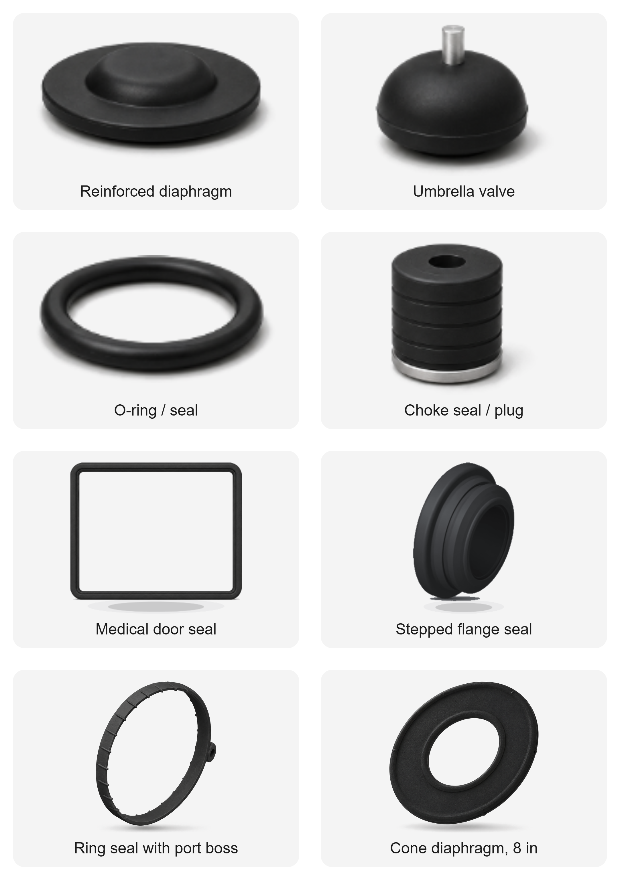 Diaphragms, Valves & Sealing Components, representative product forms