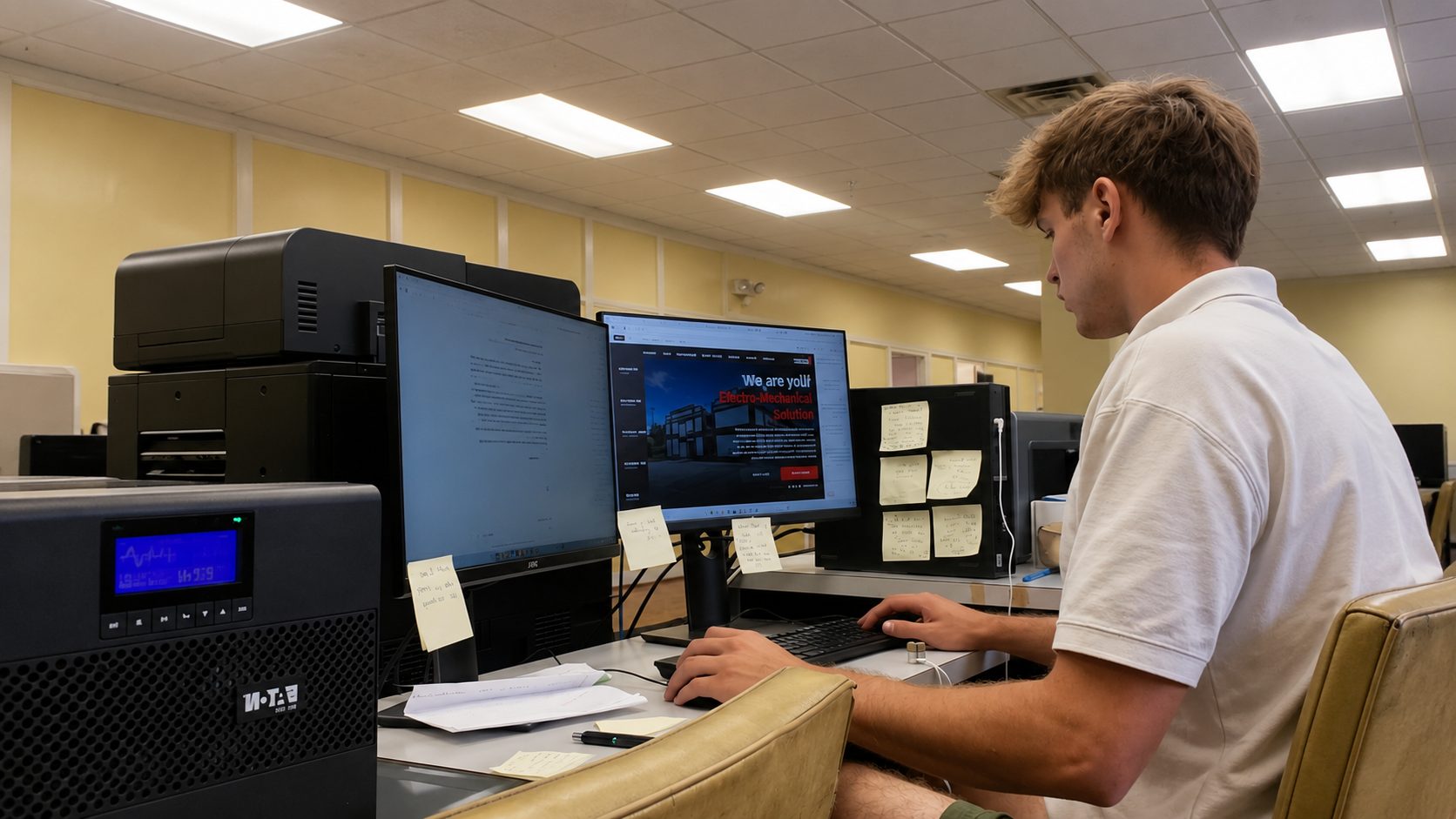 A Corry Rubber team member working at a computer workstation on the plant floor