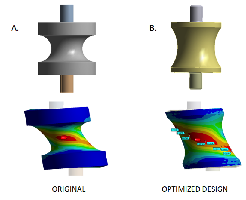FEA strain comparison between the original mount design and the optimized design