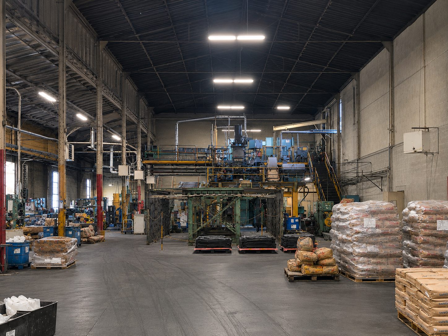 Compound mixing floor at Corry Rubber, with pallets of raw elastomer and processing equipment