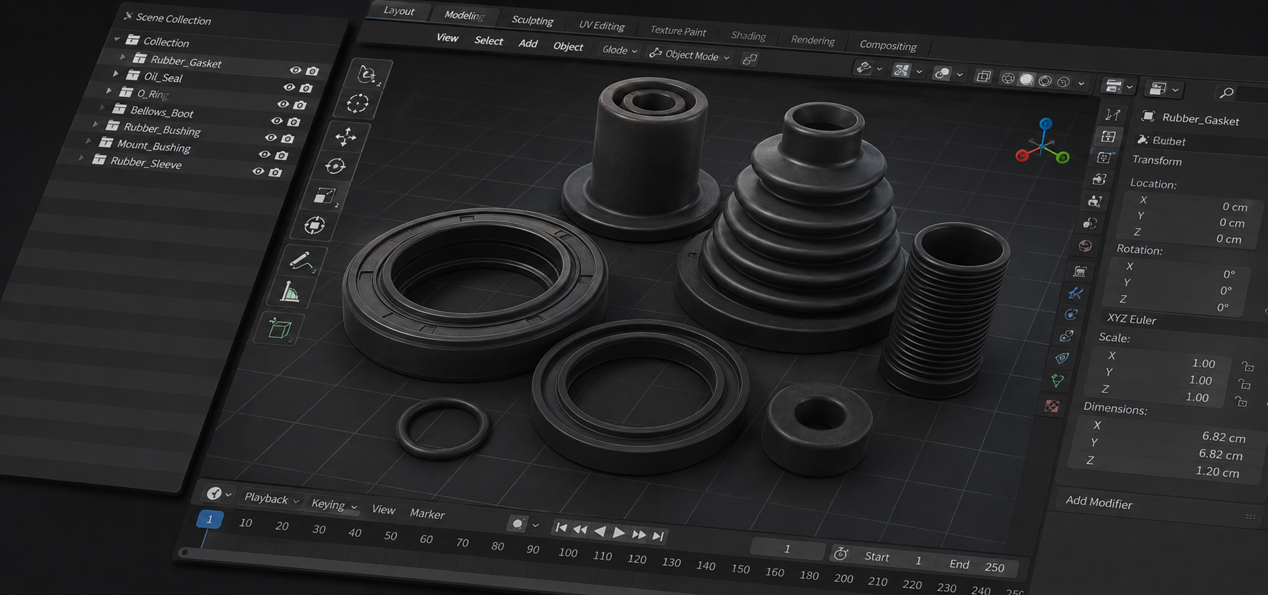 3D CAD models of rubber seals, bellows, bushings and O-rings under development at Corry Rubber