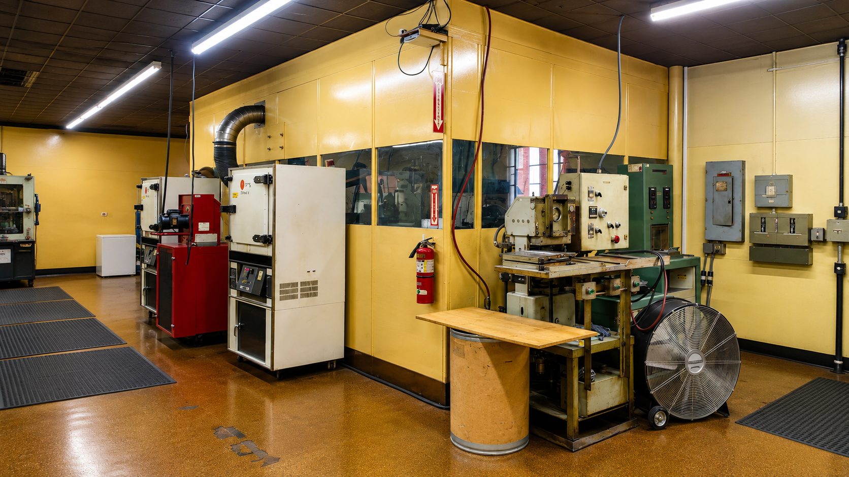 The Corry Rubber testing laboratory floor with aging ovens, presses, and test equipment