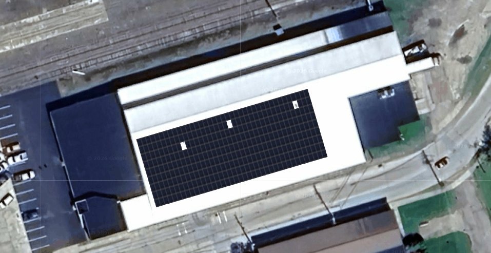 Aerial view of the rooftop solar array on the Corry Rubber mixing facility
