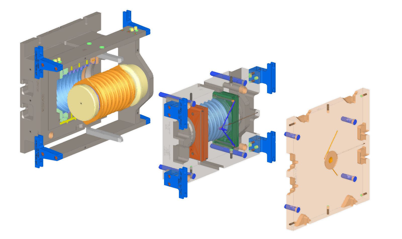 Exploded CAD views of a horizontal-press Corry Rubber mold, cavity, core and backing plates
